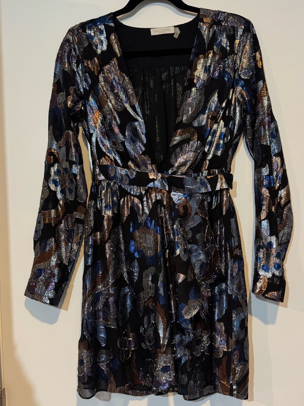 Ramy Brook Silk Lurex Metallic Floral Long Sleeve Mini Dress Size M